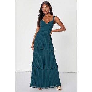🆕 Lulus Emerald Green Pleated Tiered Backless Maxi Dress - Size 3X Wedding Guest